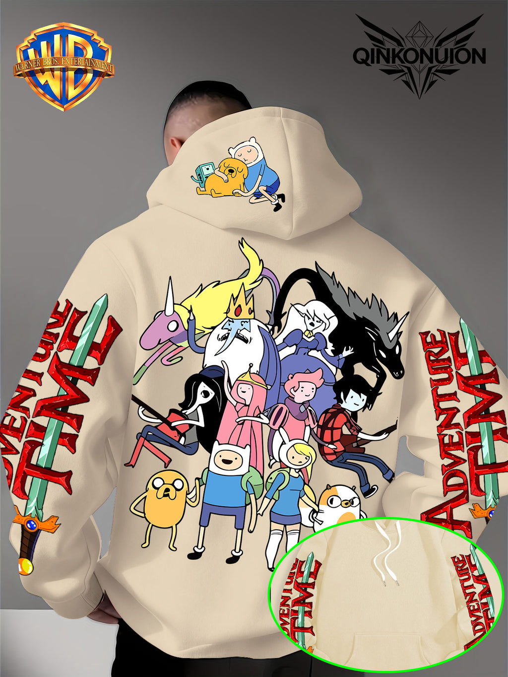 Warner Official Men's Hoodie, Adventure Treasure Full Character Gathering Adventure Print Design, Machine Washable, Warm and Casual for Autumn and Winter, Daily Drawstring Hoodie, Multifunctional Sports and Casual Loose Fit - Apricot