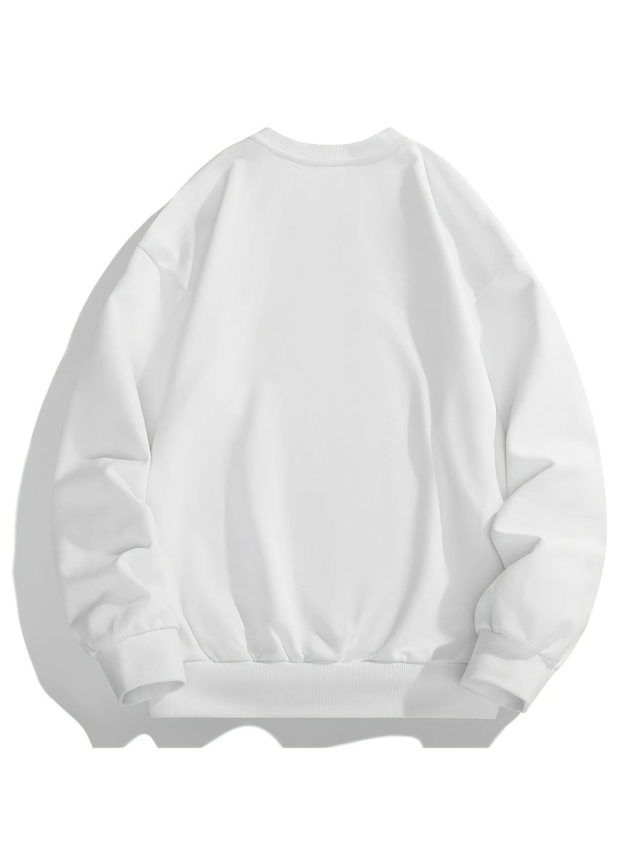 Men'S Crew Neck Sweatshirt, Spring And Autumn Printed Pullover Top, Youth Loose Casual Versatile Long Sleeve Base Shirt - White
