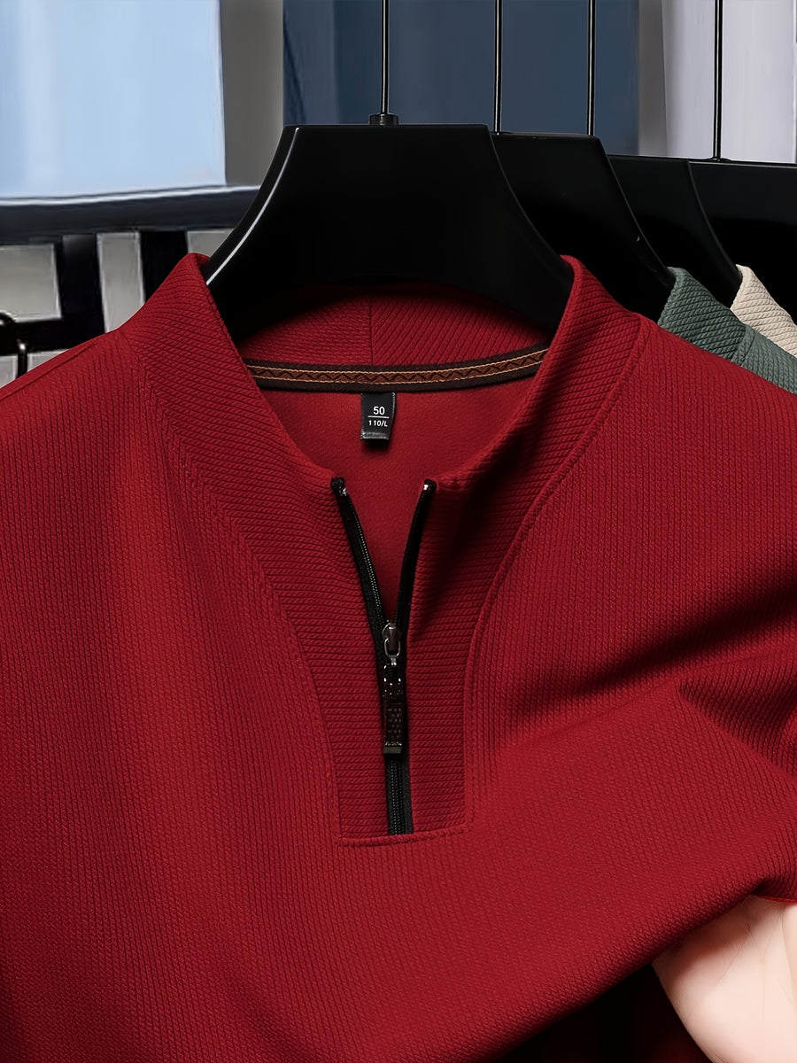 SaXing OBM New Spring/Summer Men's Polo Shirt, Solid Color Textured Ribbed Cable Knit Half-Placket Zipper Style Stand Collar Short Sleeve T-Shirt, Men's Business Casual Fashionable Breathable Versatile Henley Knit Pullover Base Layer Top - Brick Red