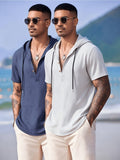 2pcs Men'S Linen Blend Short Sleeve Hooded Henley Shirt, Casual Half-Button Drawstring Hooded Top, Lightweight Breathable Wrinkle-Resistant Summer Beach Shirt, Loose V-Neck Linen Hooded T-Shirt, Suitable for Vacation, Casual Wear - Tibetan White