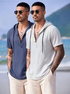 2pcs Men'S Linen Blend Short Sleeve Hooded Henley Shirt, Casual Half-Button Drawstring Hooded Top, Lightweight Breathable Wrinkle-Resistant Summer Beach Shirt, Loose V-Neck Linen Hooded T-Shirt, Suitable for Vacation, Casual Wear - Tibetan White