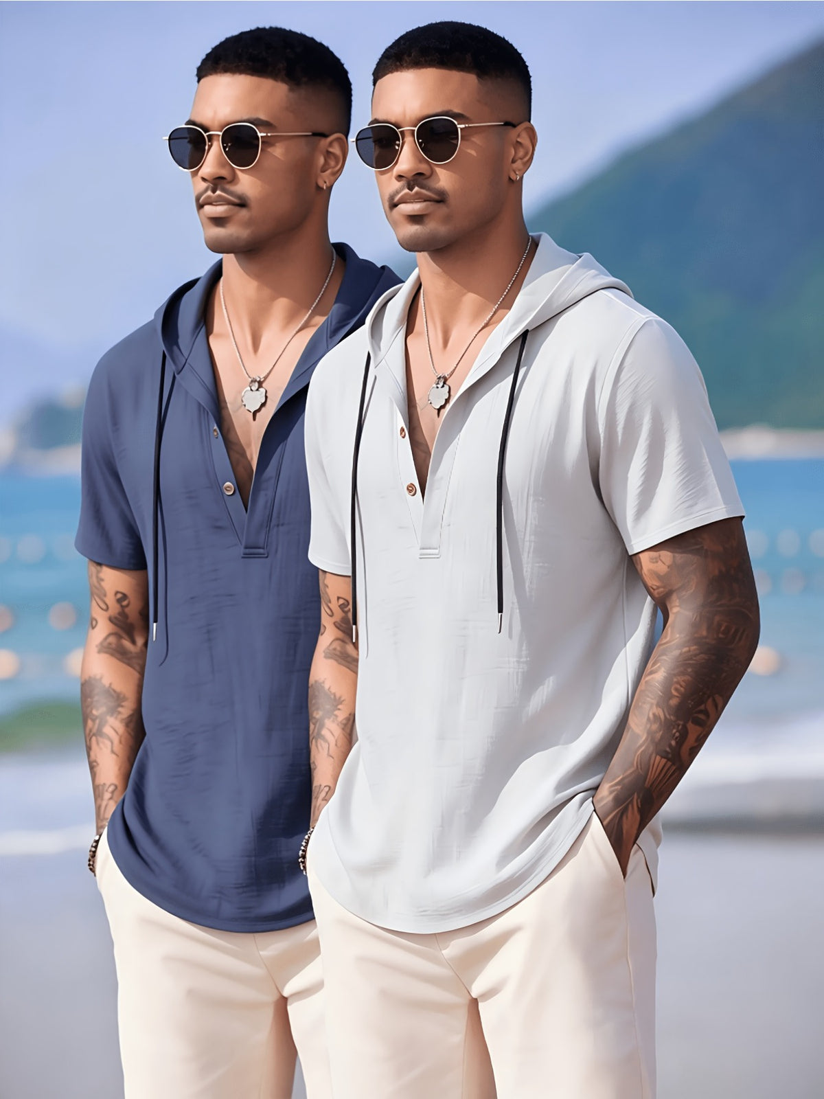 2pcs Men'S Linen Blend Short Sleeve Hooded Henley Shirt, Casual Half-Button Drawstring Hooded Top, Lightweight Breathable Wrinkle-Resistant Summer Beach Shirt, Loose V-Neck Linen Hooded T-Shirt, Suitable for Vacation, Casual Wear - Tibetan White