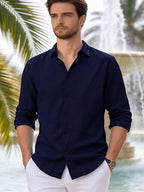 Men'S Casual Shirt, Lightweight And Breathable Linen Shirt, Summer Button-Up Collar, Fashionable And Versatile, Suitable for Outdoor Leisure And Daily Wear () - Navy Color