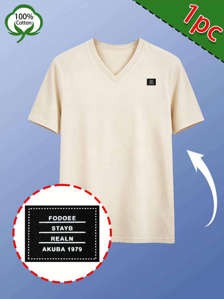 Men's Casual 100% Cotton V-Neck T-Shirt, Summer Sports Short-Sleeve Top, Plain Weave Knit with Distinctive Design, Durable and Pilling-Resistant, Pure Cotton Soft, Breathable, and Refreshing Without Feeling Stuffy, Comfortable, High-Quality - Apricot