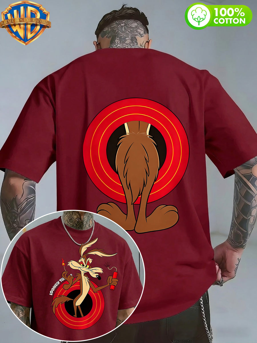 Authorized by Warner Bros., 1pc, American Retro Cartoon Contrast Sense Distorted Heart Wolf Trendy T-Shirt, Men'S 100% Casual Comfortable Versatile Loose Summer Short Sleeve T-Shirt, Double-Sided Print Front And Back, Suitable for Outdoor Wear, Gym - Burgundy