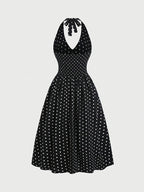 New Stylish Elegant Women'S Polka Dot Print Halter Neck Temperament Slim Dress - Black