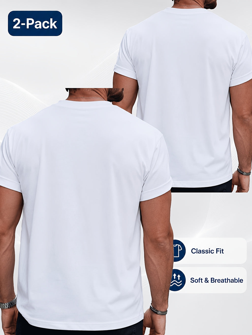 2pcs Men'S Round Neck Short Sleeve Top Set, Round Neck Solid Color Casual Versatile Style, Skin-Friendly Blend Fabric, Suitable for Casual Commuting And Home Wear - White+White