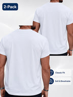 2pcs Men'S Round Neck Short Sleeve Top Set, Round Neck Solid Color Casual Versatile Style, Skin-Friendly Blend Fabric, Suitable for Casual Commuting And Home Wear - White+White