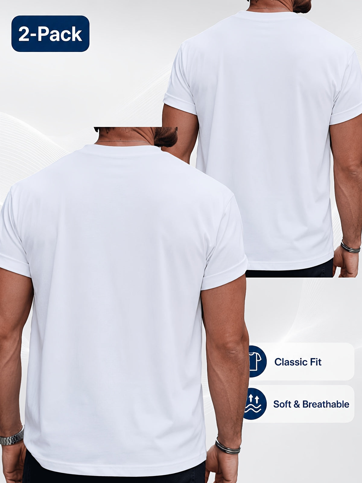 2pcs Men'S Round Neck Short Sleeve Top Set, Round Neck Solid Color Casual Versatile Style, Skin-Friendly Blend Fabric, Suitable for Casual Commuting And Home Wear - White+White