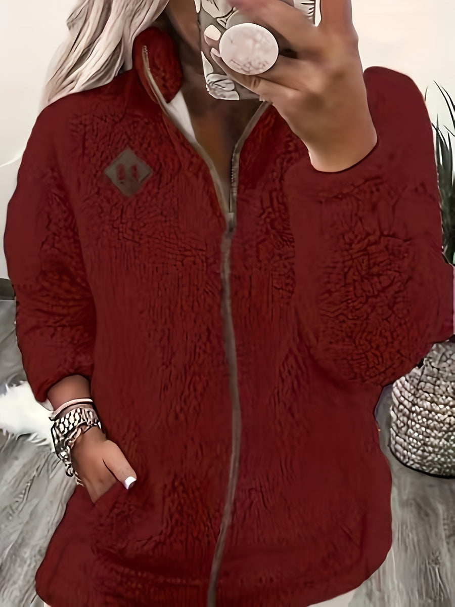 Women'S Faux Small Stand Collar Thick Jacket Coat - Burgundy