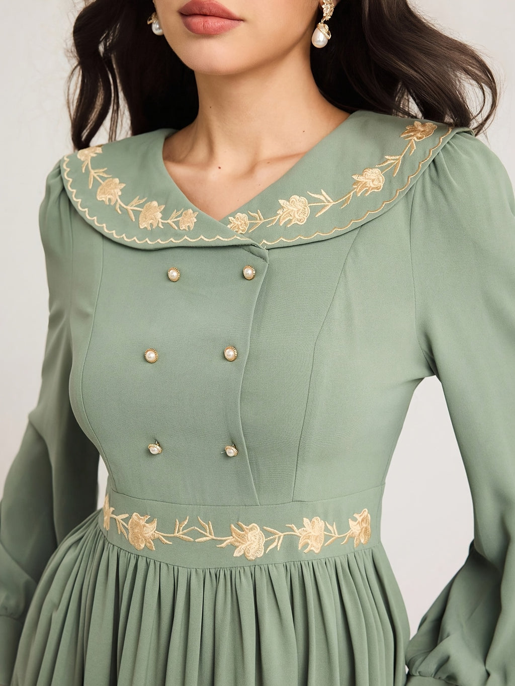 Vintage Lapel Heavy Craft Embroidered Long Sleeve Dress - Matcha Color