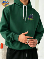 Warner Bros. JOKER Purple-Green Color Block Graffiti Art Font Spray-Painted Background Plaid Workwear Style Sneakers with Paint Drip Cool Print Men's Fashion Hooded Sweatshirt, Sleeve Print Design, Kangaroo Pocket, Drawstring Hood, Suitable for Daily - Green