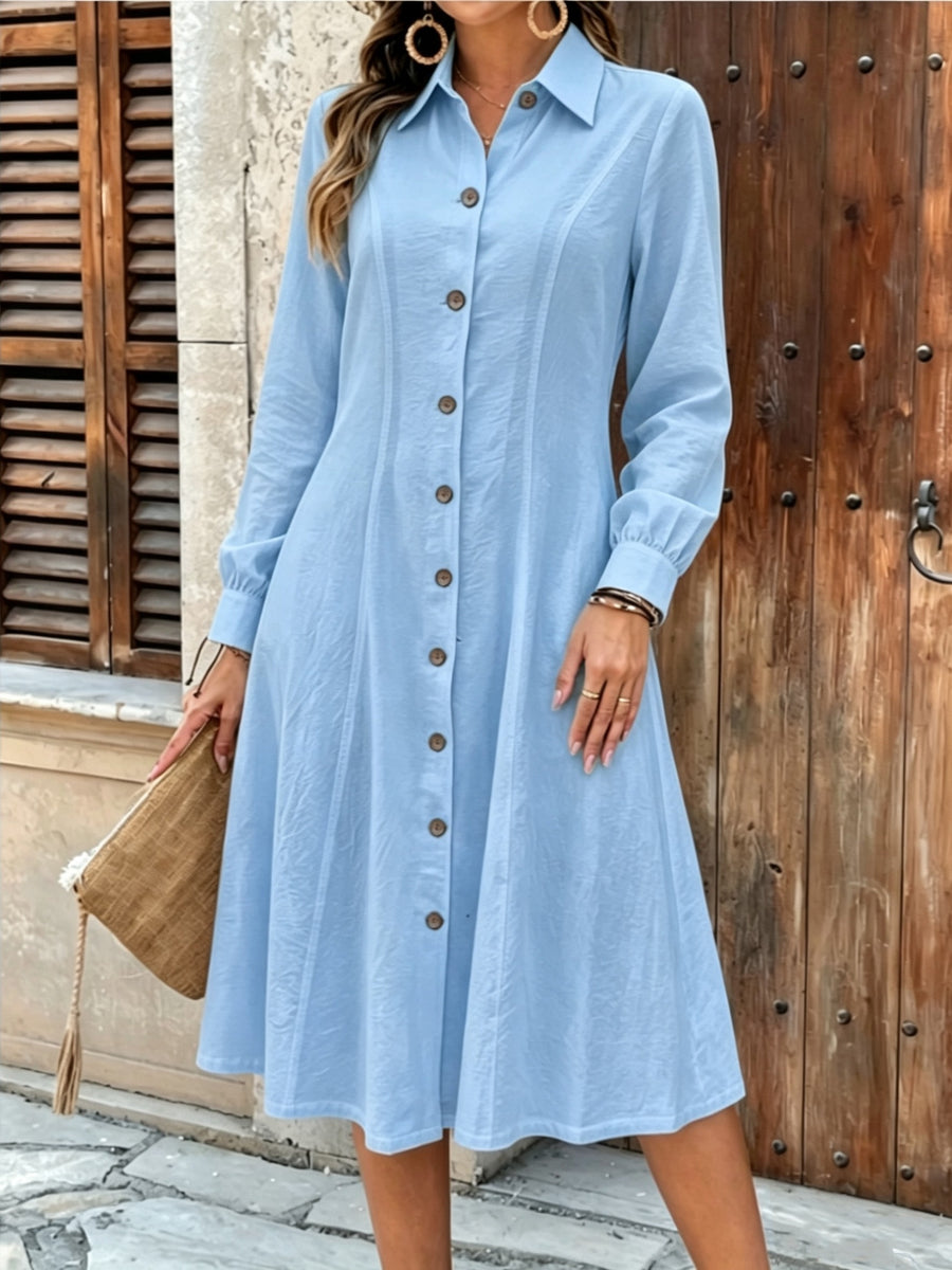 Women'S Elegant Solid Color Long Sleeve Dress, Fashionable Button-Detail Waist-Cinching Mid-Length Dress - Sky Blue