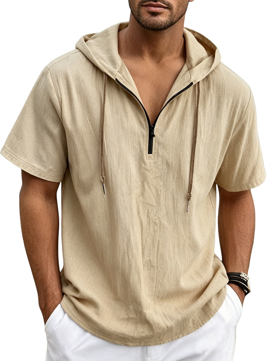 Men's Breathable Half-Zip Hooded Short-Sleeve T-Shirt - Loose-Fit Linen Summer Top with Zipper Collar, Solid Color Casual Beachwear Suitable for Vacation, Outdoor & Casual Attire, Machine Washable Linen Shirt - Khaki