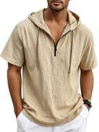 Men's Breathable Half-Zip Hooded Short-Sleeve T-Shirt - Loose-Fit Linen Summer Top with Zipper Collar, Solid Color Casual Beachwear Suitable for Vacation, Outdoor & Casual Attire, Machine Washable Linen Shirt - Khaki