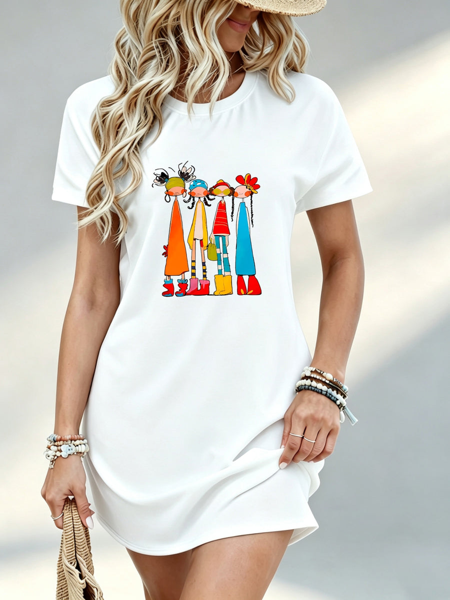 Printed Design - Not Textured, Casual Style, Women's Dress, Colorful Graphic Print, Summer Beach Outing, Gift for Friend Or Sister, 100% Polyester - White