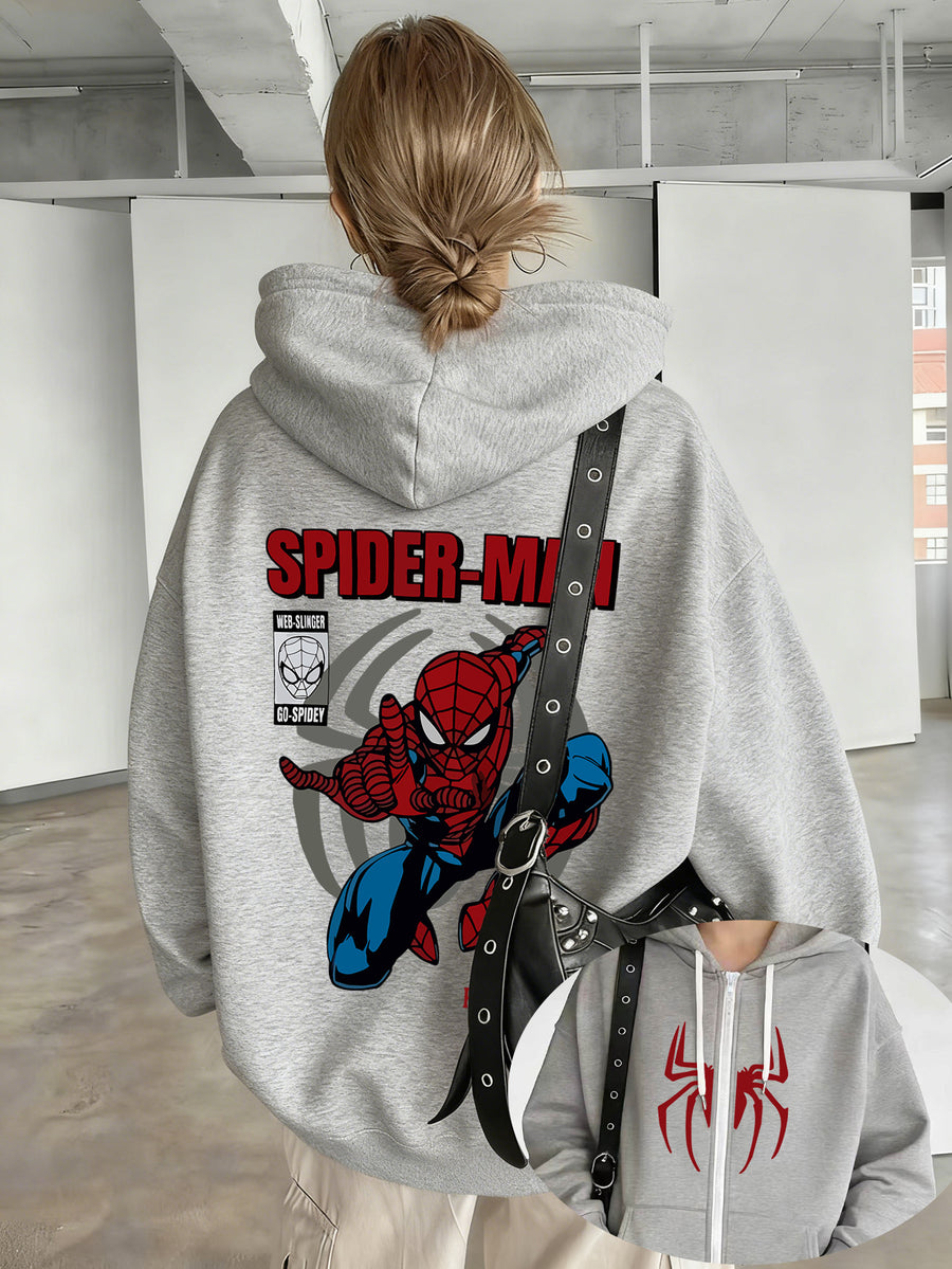 Licensed by Wb-Women'S Hoodie with Spidey Print-Spring And Autumn Casual Zip Hoodie, Fashion Sweatshirt, Spring And Autumn Vibrant Hoodie Zip Hoodie, Women'S - Light Grey