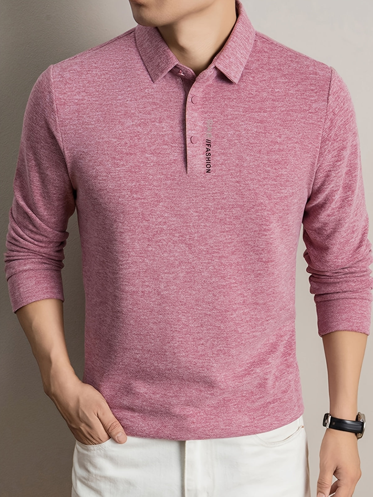 Men's Lapel Casual Knit Long-Sleeve Top, Slightly Relaxed Fit, Suitable for Both Business and Casual Wear, Ideal for Men's Commuting and Daily Use - SINBOS - pink