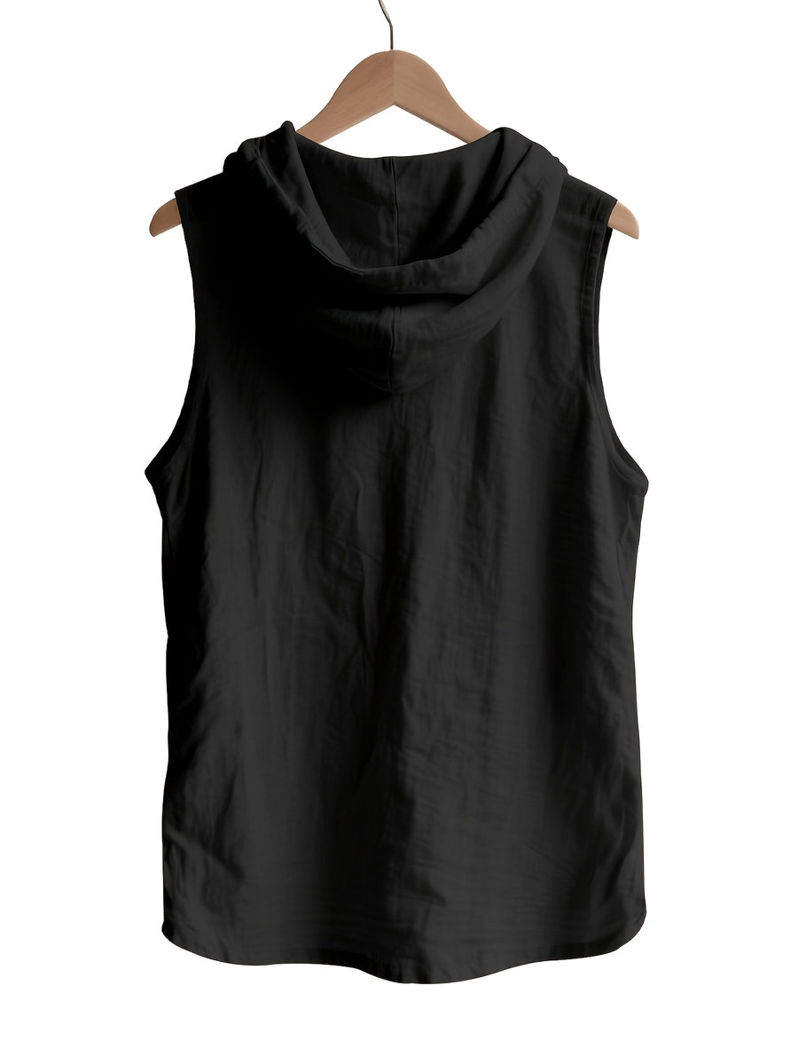 Pearson OBM Men's Sleeveless Hooded Shirt, Upgraded Textured Comfortable and Breathable Fabric Hooded Vest, Men's Linen Fashion Hoodie, Summer Top Casual and Lightweight with Button and Drawstring, Suitable for Outdoor Activities, Beach, and Coast - Black