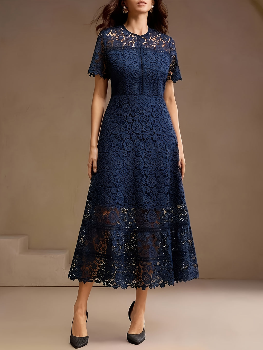 French Lace Cut-out Dress, with a Fashionable Ruffled Panel Design, Features a Flattering Waistline for an Elegant Look, Perfect for Any Formal Occasion. Women's Fashion Must-have - Navy Color