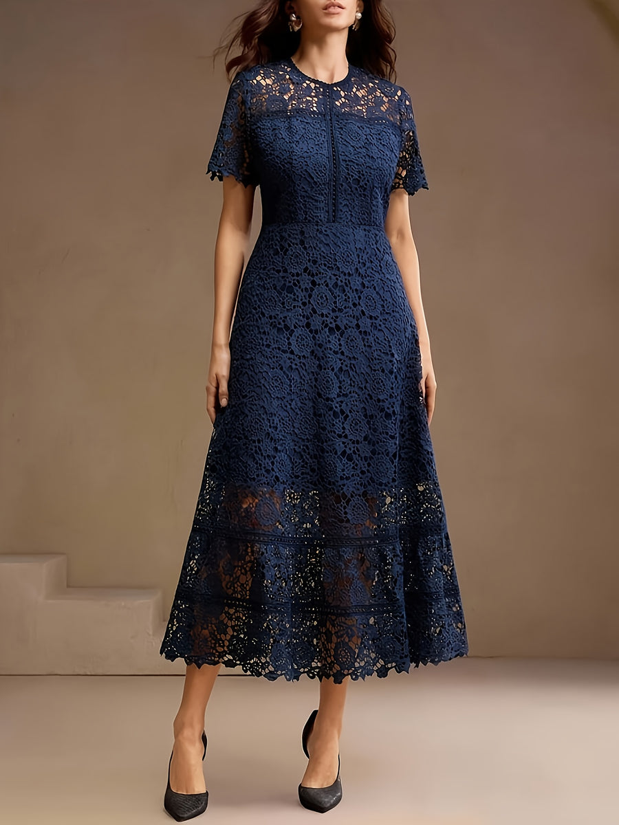 French Lace Cut-out Dress, with a Fashionable Ruffled Panel Design, Features a Flattering Waistline for an Elegant Look, Perfect for Any Formal Occasion. Women's Fashion Must-have - Navy Color