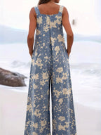 Retro Blue Base Beige Floral Print Overalls Wide Leg Jumpsuit Women'S Summer Loose Sleeveless Cargo Overalls Beach Vacation Lazy Style Drop-Waist Straight Casual Long Pants - Vibrant Blue
