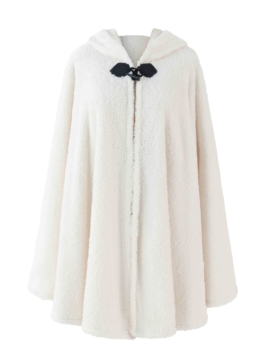Plus Size - 1pc Faux Horn Button Size Free Solid Color Fashion Hooded Cape - White