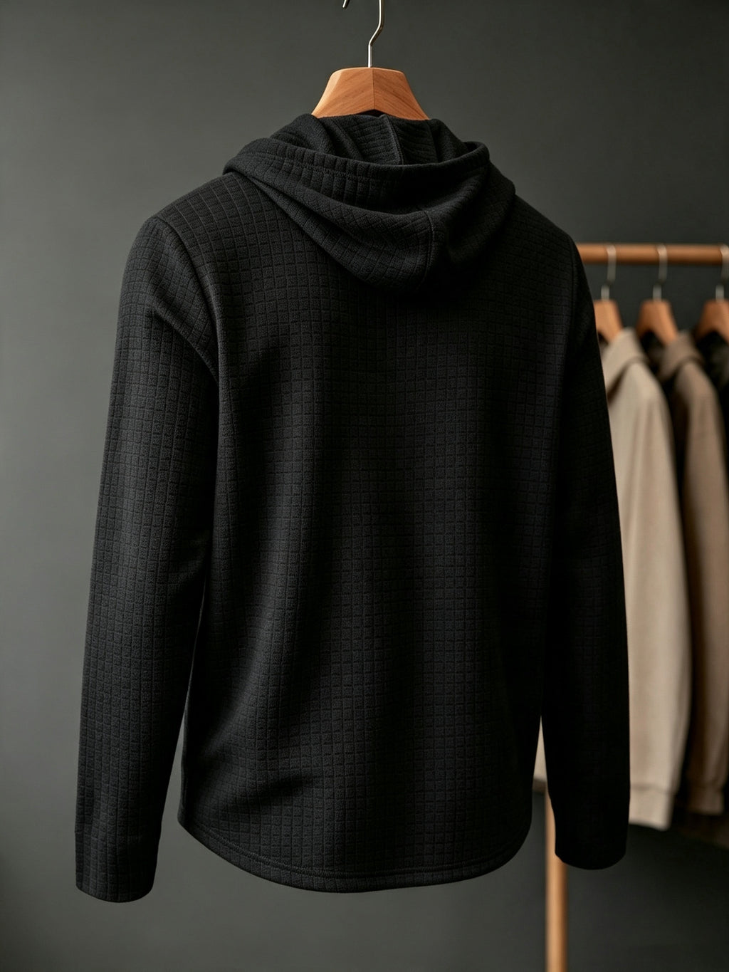 [Villa Le Water OBM] BOWZ Men'S Fashion Hoodie, Small Checkered Jacquard Texture Hooded Sweatshirt, Long Sleeve Henley Half-Button Placket with Black Drawstring Hood, Personalized Patchwork Hem, Slightly Loose Curved Hem Fit - Black