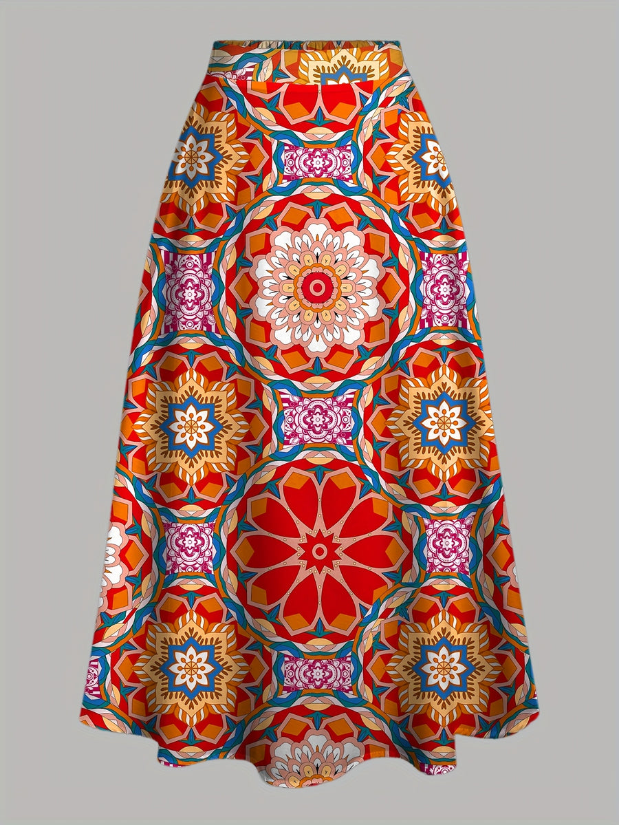 Summer Women'S Bohemian Print Midi Skirt, Stretchable Elastic Waist Casual Skirt - Multicolor 1