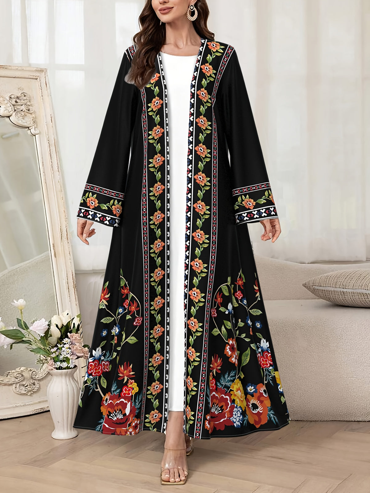 Dubai Muslim Abaya Robe for Women, Fashion Floral Print Loose Long Cardigan, Elegant Outerwear Dress - Multicolor