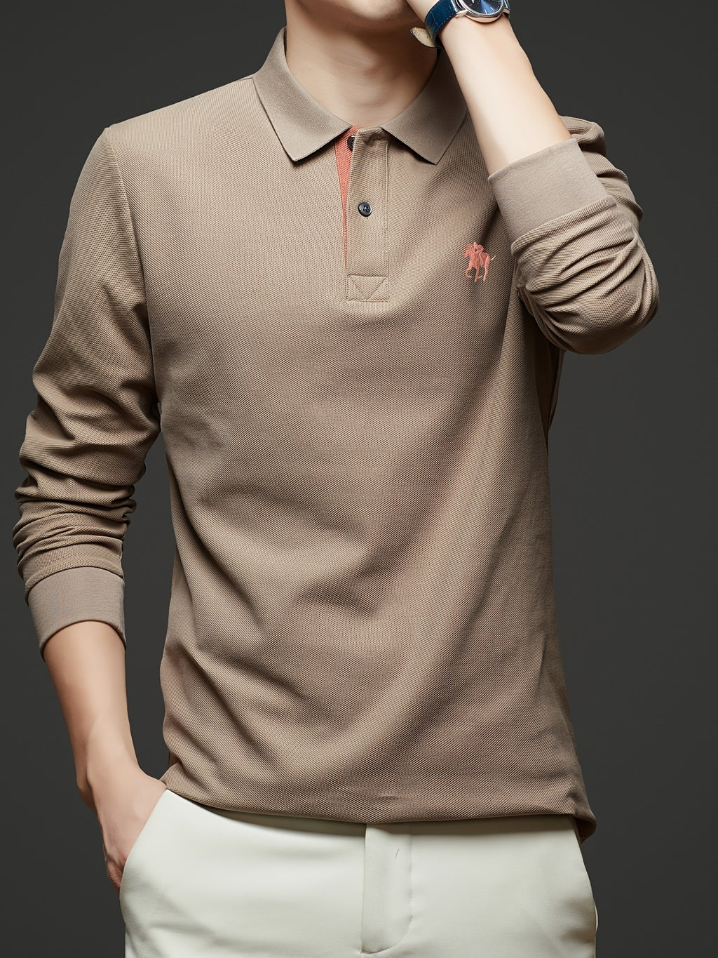 [Saa Xing OBM] 1pc Spring/Autumn New Men'S Polo Shirt, Solid Color Embroidered Half-Button Placket Single-Button Polo Collar Long Sleeve Men'S Fashion Versatile Pullover Base Layer Top, Classic Design, Suitable for Spring, Autumn, Wear - Khaki 1