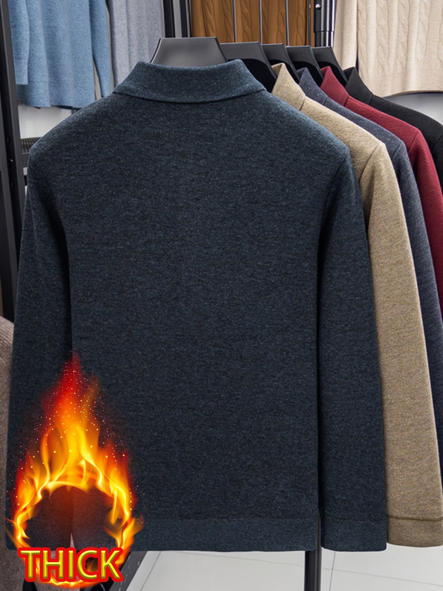 Men's -lined Lapel Polo Knit Sweater, with Plush Inner Lining, for Autumn and Winter Cold Protection. Suitable for Wearing Alone in Late Autumn and Early Winter, or as a Base Layer in Winter. Keeps You Warm Without Adding Bulk - Blue Grey
