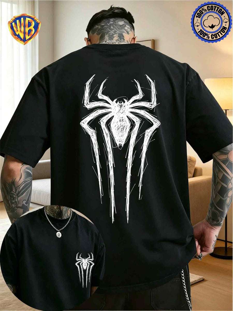 Unisex T-shirt Featuring a Niche Dark Aesthetic with Hand-painted Front and Back Dual-position Combination Prints, Creating a Low-key, Cool, Eye-catching, and Trendy Campus Style - Black