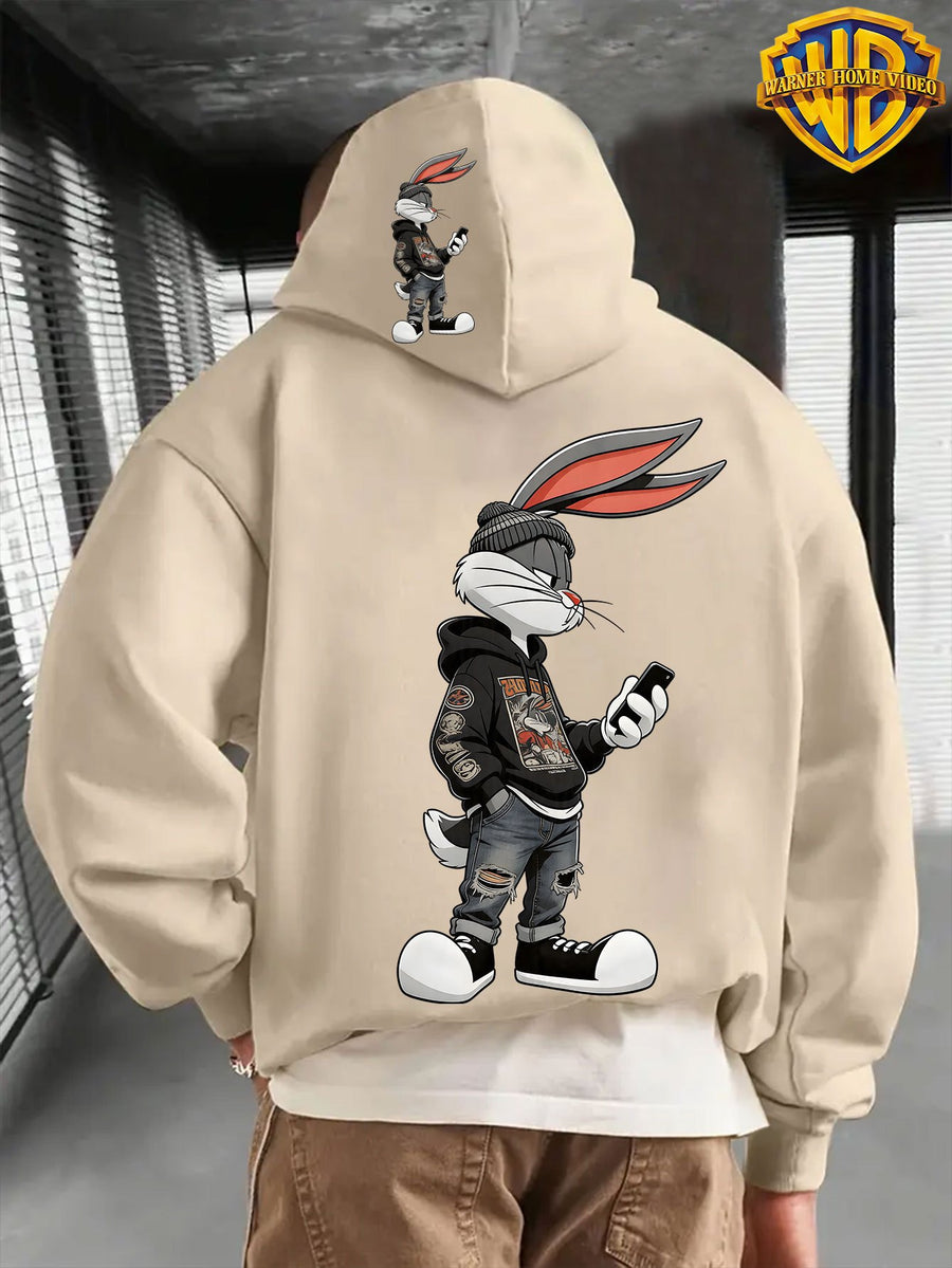Warner Authorized Men'S New Trendy Hoodie, Warner'S 'Le Yi Tong' Co-Branded Le Yi Tong Street Style Bunny Print Hoodie, Casual Daily Drawstring Hoodie, Long Sleeve Pullover, Machine Washable, Versatile Sports Casual Loose Men'S Casual Hoodie, Fro - Apricot