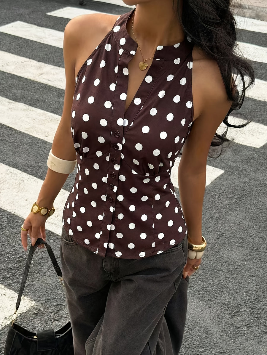 New Summer Vintage Sweet Spicy Half-Open Collar Shirt Women'S Design-Sense Slender Sleeveless Top - Coffee Brown