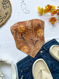 Women'S Spring/Summer New Brand Special Boho Beach Tropical Vacation Outfits | Retro Sun Pattern Print Slim Fit Bustier Crop Tops with Asymmetrical Bandeau Collar - Light Brown-1