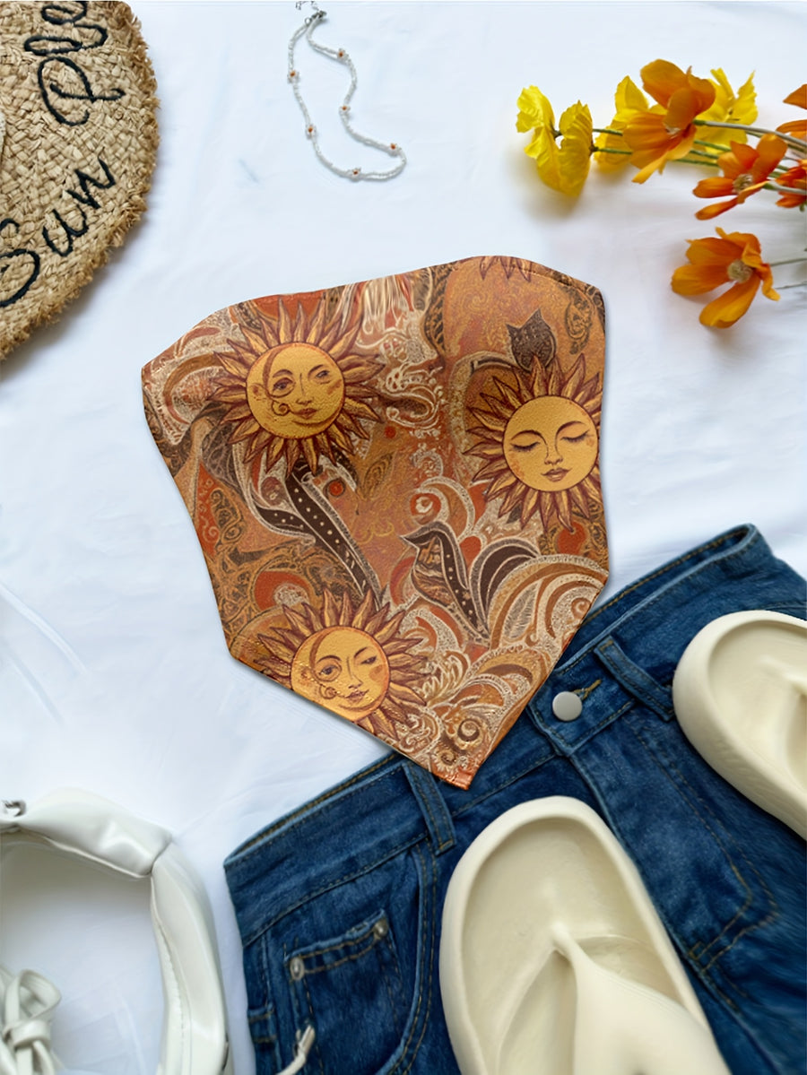 Women'S Spring/Summer New Brand Special Boho Beach Tropical Vacation Outfits | Retro Sun Pattern Print Slim Fit Bustier Crop Tops with Asymmetrical Bandeau Collar - Light Brown-1