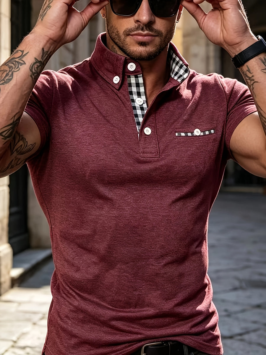 Summer New Fashion Trendy Men'S Plaid Patchwork Lapel Polo Shirt, Button-Decorated Pocket Slim Short Sleeve Top - Deep Red