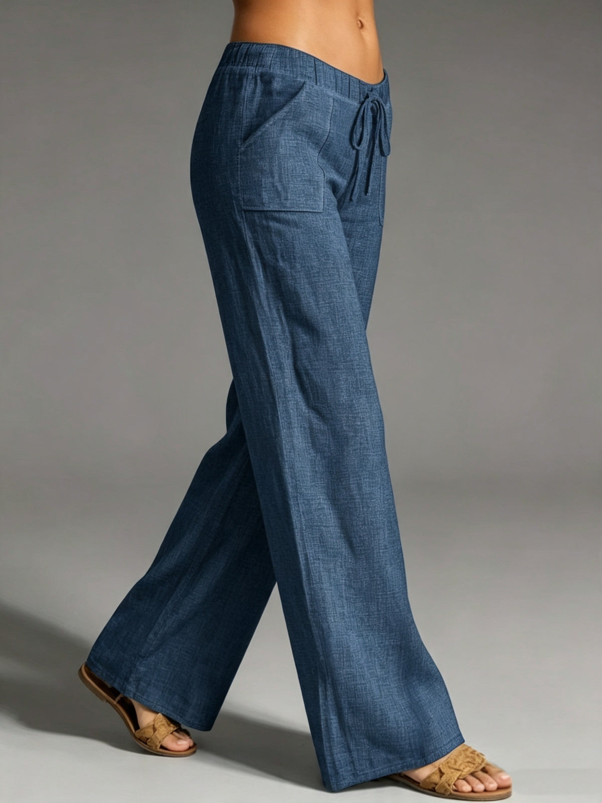 Women's Dusty Blue Straight-Leg Tapered Pants with Elastic Waist - Solid Color Non-Stretch Suitable for Daily Wear, Beach Parties & Autumn Holidays, Casual Solid Color Pants for Spring Summer Fall Outfits - Navy Color