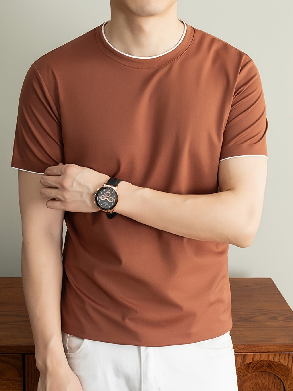 Summer Men'S Short Sleeve T-Shirt Casual Round Neck Solid Color Comfortable Cooling Breathable Polo Shirt - Orange