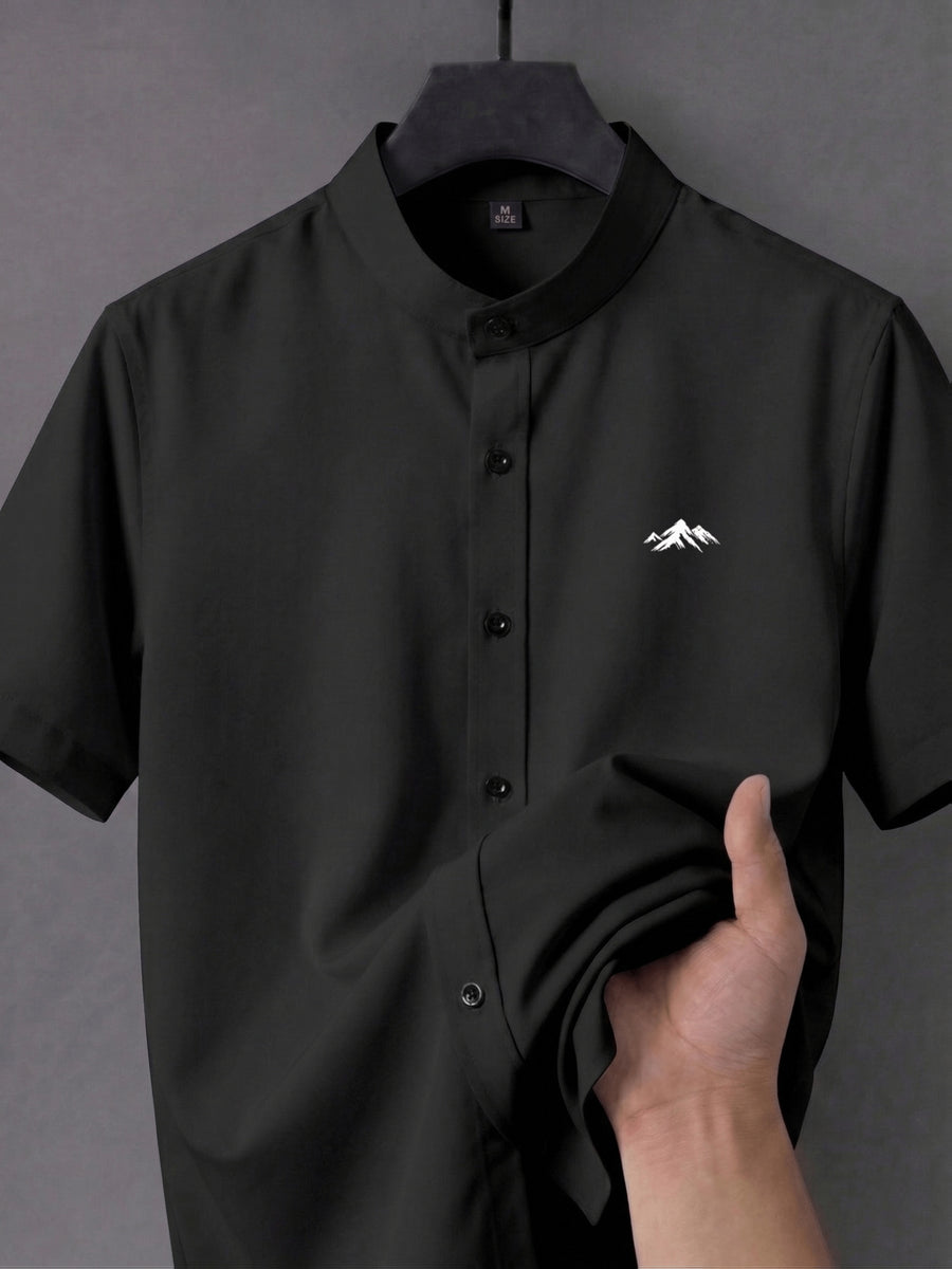 Men's Short-sleeve Shirt with Stand-up Collar/Henley Collar Design, Featuring Exquisite Peak-shaped Embroidery on the Chest - Black