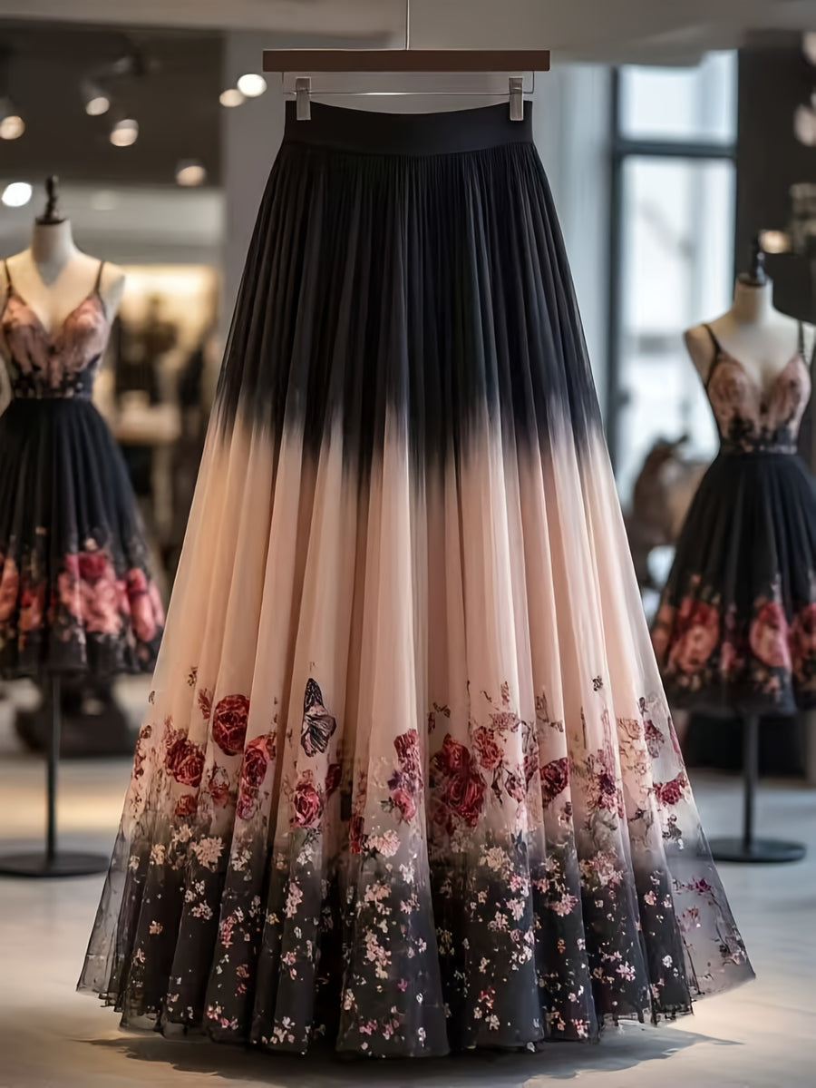 Autumn/Winter Vintage French-Style High-End Gradient Print Flowy Long A-Line Skirt - Black
