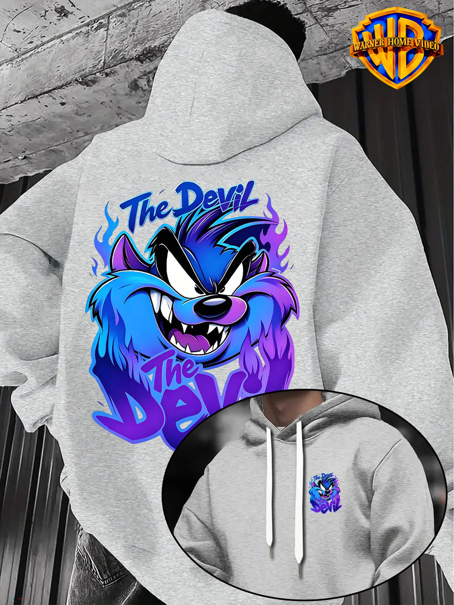 Warner Bros Official 1pc Cyber Purple-Blue Flame Background Grimace The Devil Graffiti Font Casual Hoodie - Men's Fashion Hoodie, Double-Sided Front and Back Print, Adjustable Drawstring Loose and Comfortable Sweatshirt, Suitable for Daily - Light Grey