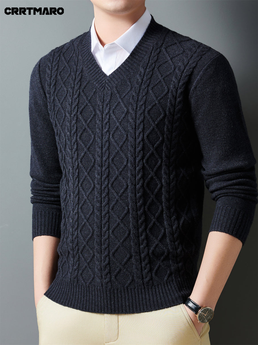 Cartama CRRTMARO Autumn/Winter Knitted 3D Solid Color V-Neck Sweater, Basic Thickened Pullover, Men's Fashion Knitwear Long Sleeve HH - Black Gray