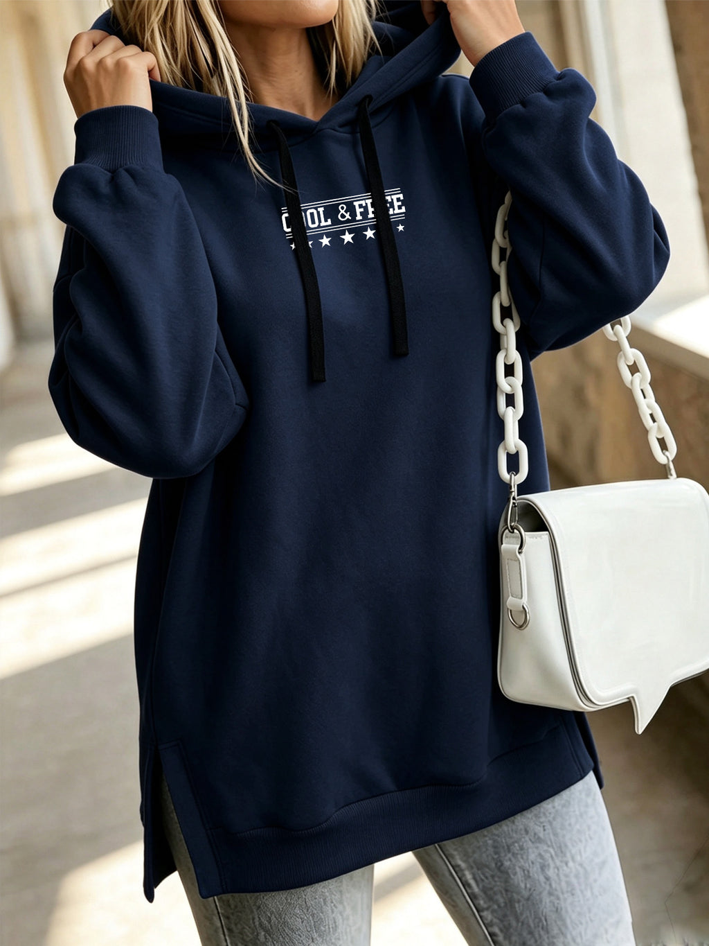 Women'S Fashion Hooded Sweatshirt for Autumn And Winter - Pattern Print Design, Side Slit Detail, Pullover Hoodie - Navy Color