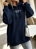 Women'S Fashion Hooded Sweatshirt for Autumn And Winter - Pattern Print Design, Side Slit Detail, Pullover Hoodie - Navy Color