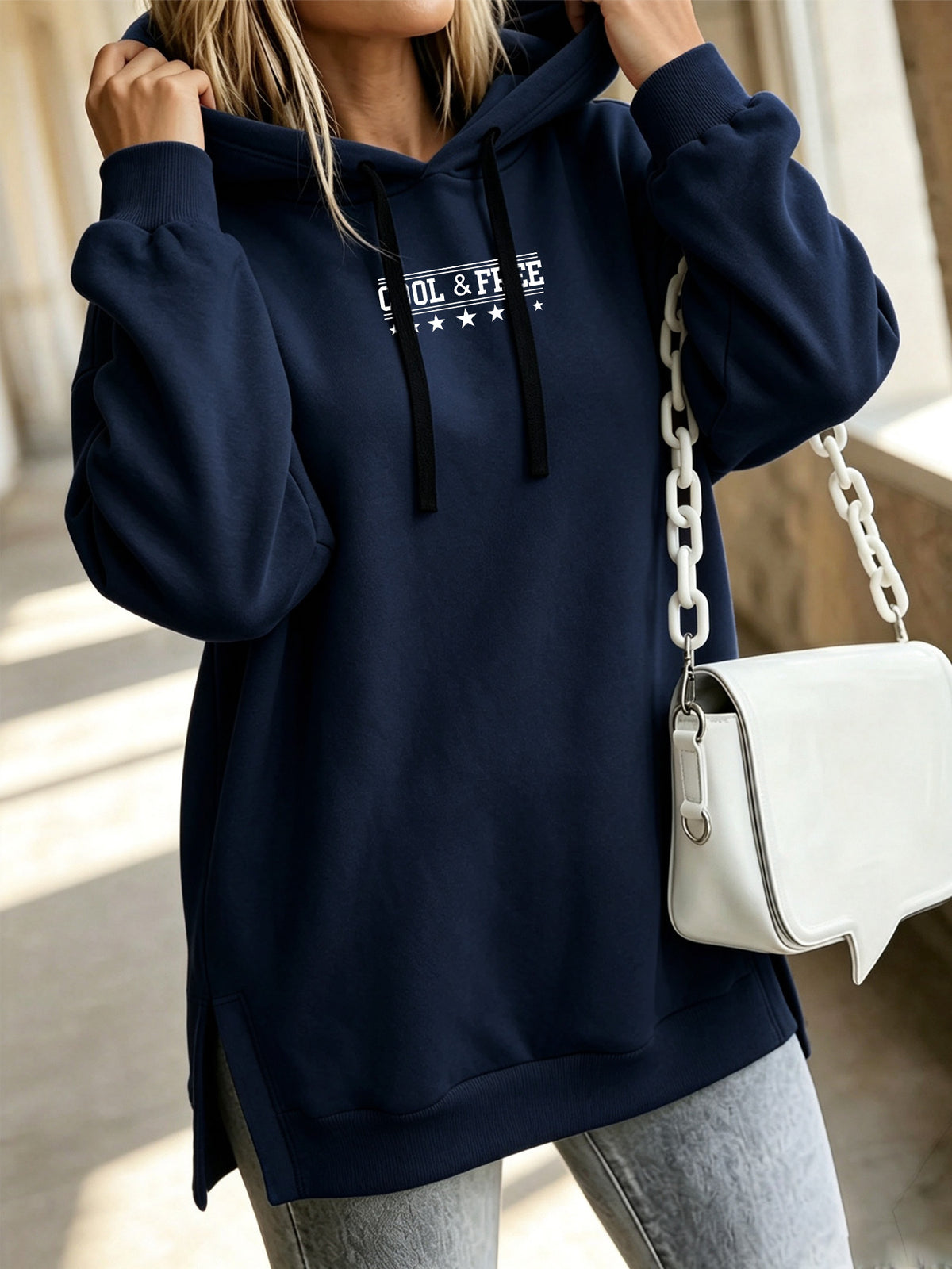 Women'S Fashion Hooded Sweatshirt for Autumn And Winter - Pattern Print Design, Side Slit Detail, Pullover Hoodie - Navy Color