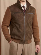Men'S Stand-Up Collar Patchwork Jacket, Body with Waffle Texture Long Sleeves, Multi-Zipper Metal Pocket Design, Loose Short Style, Stiff Wrinkle-Resistant Fabric, Suitable for Daily Commute And Street Casual Wear, Retro American Style - Khaki