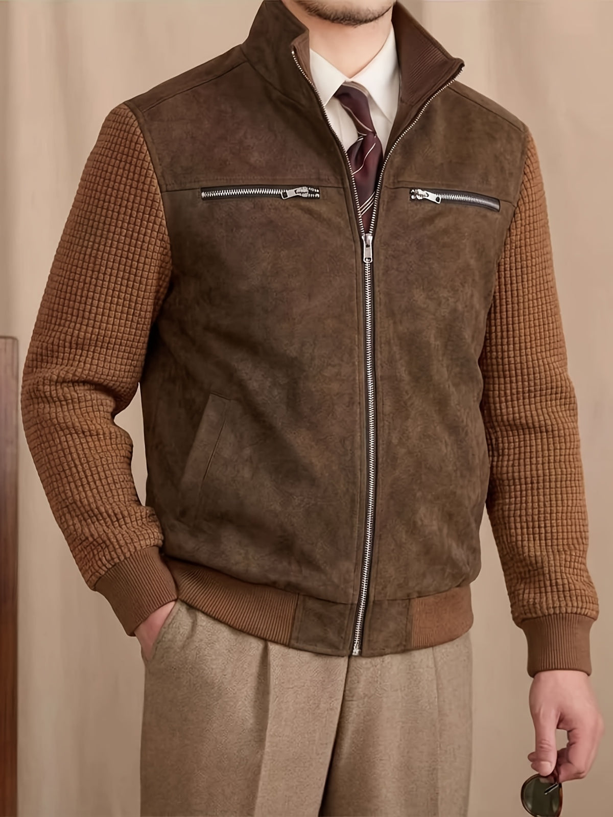 Men'S Stand-Up Collar Patchwork Jacket, Body with Waffle Texture Long Sleeves, Multi-Zipper Metal Pocket Design, Loose Short Style, Stiff Wrinkle-Resistant Fabric, Suitable for Daily Commute And Street Casual Wear, Retro American Style - Khaki