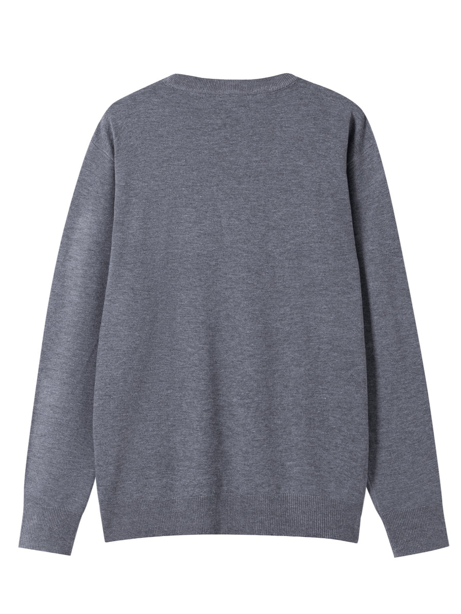 Men's Minimalist Triangle Print Knit Sweater - Warm Crew Neck Long Sleeve Pullover, Stretchable Base Layer Suitable for Autumn Winter Layering, Casual Office Wear & Cold Weather, Hand Washable Regular Fit Sweater - Grey